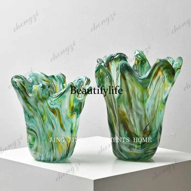 Idyllic green abstract large mouth glass vase, living room porch side cabinet decoration flower vase