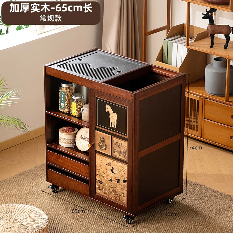 Medieval style movable tea cabinet, solid wood edge table, mobile small coffee table, living room sofa corner, multi-functional