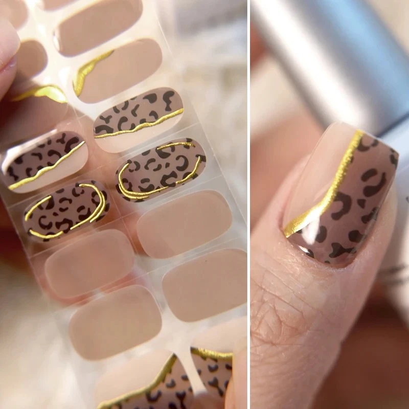 16Tips Nail Strips Leopard Stickers Semi Cured Full Cover Gel Nail Polish Strips Manicure French Print Nail Patch 3d sticke