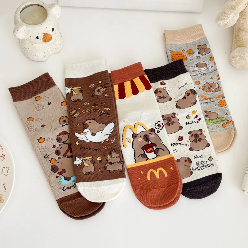 Cute Cartoon Printed Women's Socks Cotton Mid-Tube Anime Capybara Lolita Lovely Ankle Socks Wholesale