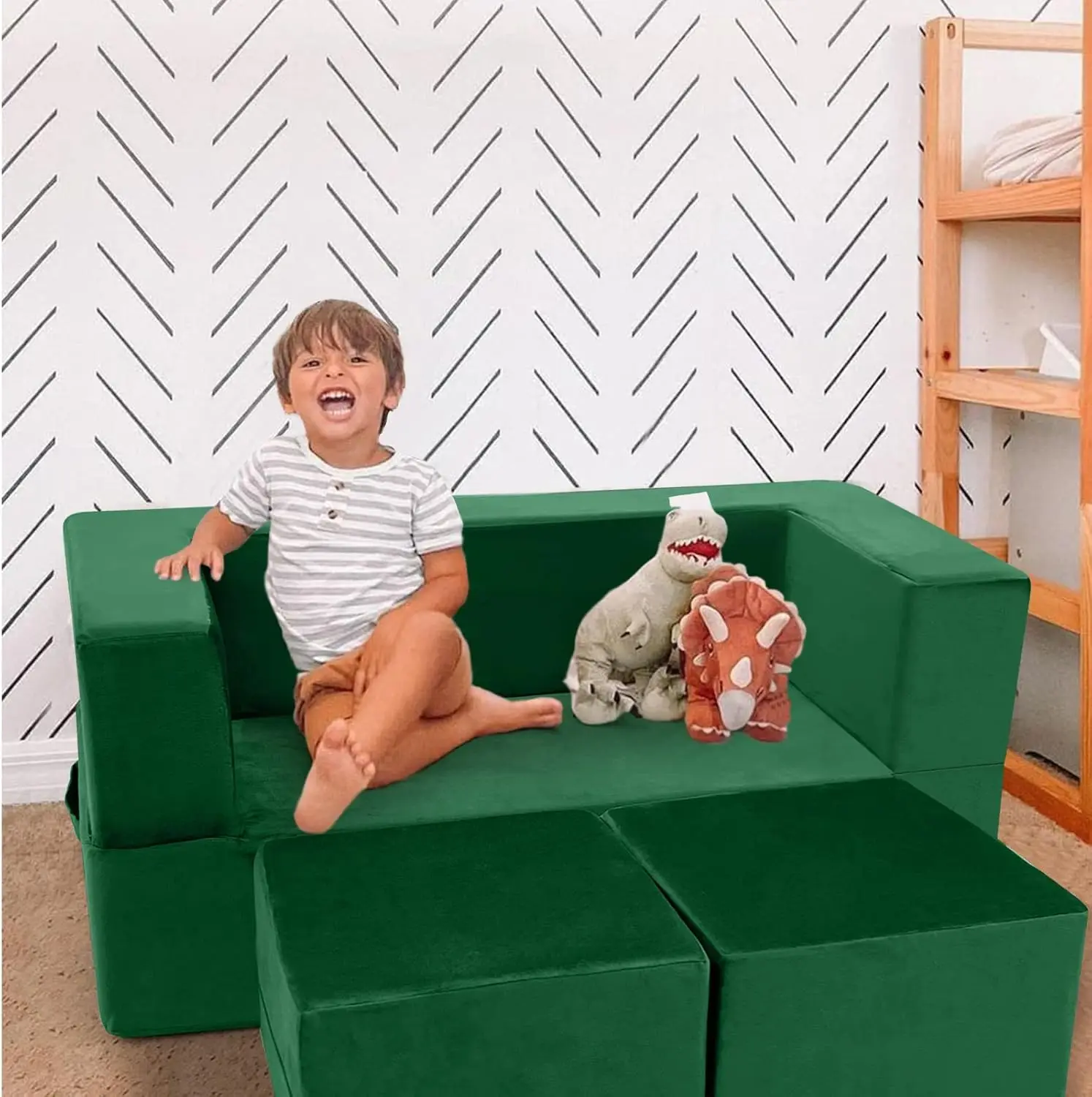 Modular Kids Play Couch Sofa – Green Convertible Toddler Couch, Fold-Out Plush Foam Chair for Children’s Playroom