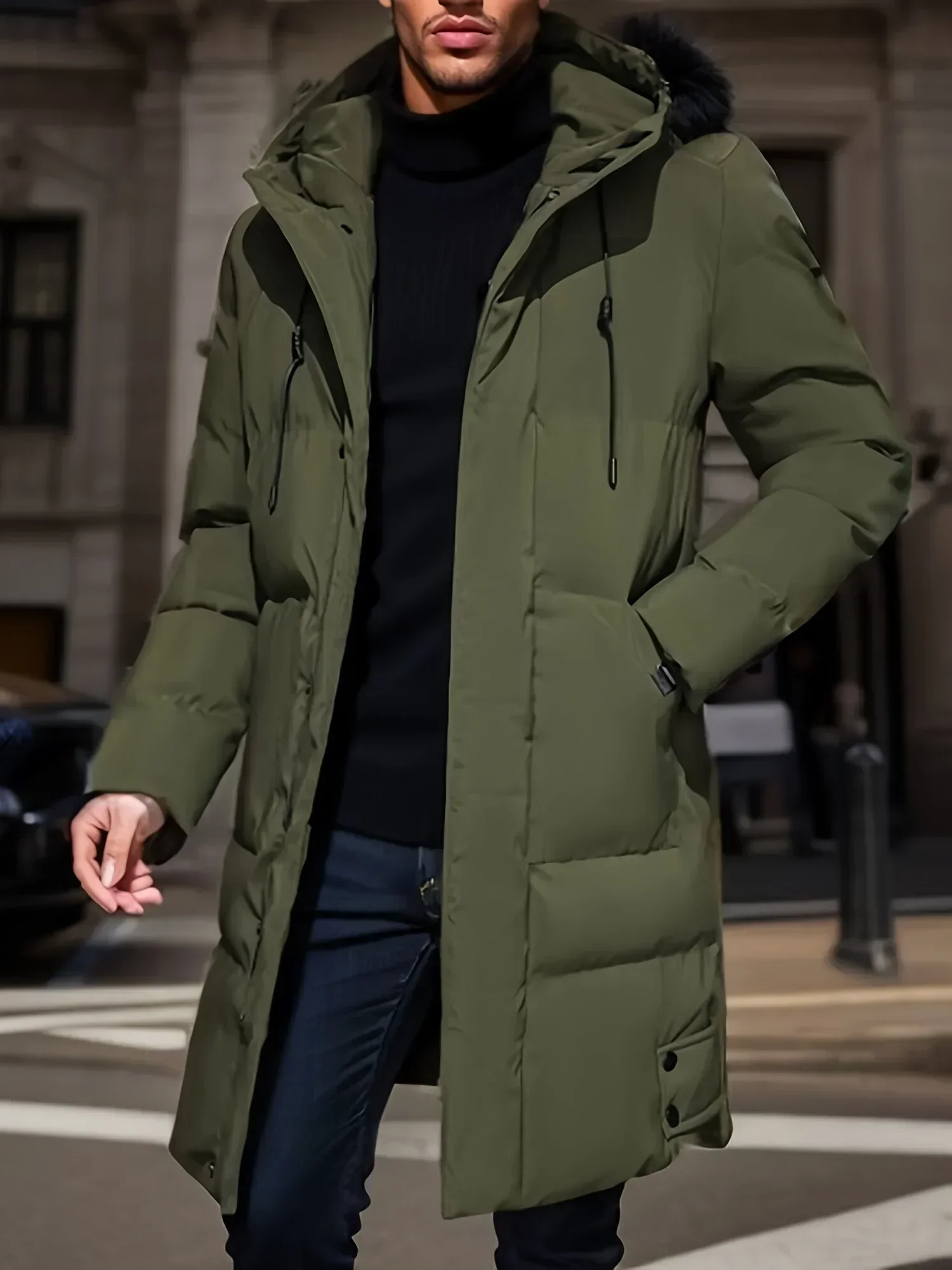 Men's Warm Hooded Mid-Length Jacket 2026 Casual Zip up Cotton Padded Windbreaker Overcoat for Autumn Winter