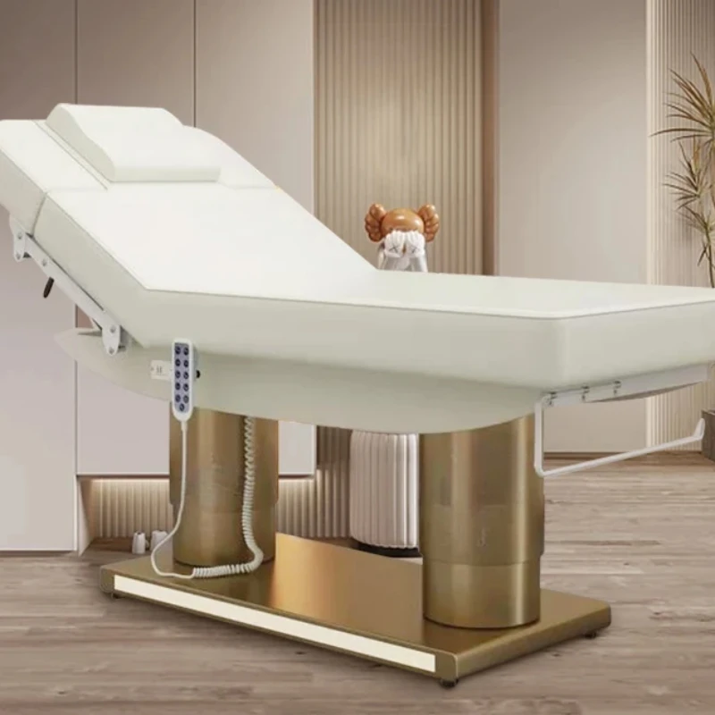 

Luxury Salon Furniture White Gold Electric Facial Cosmetic Beauty Massage Bed Table