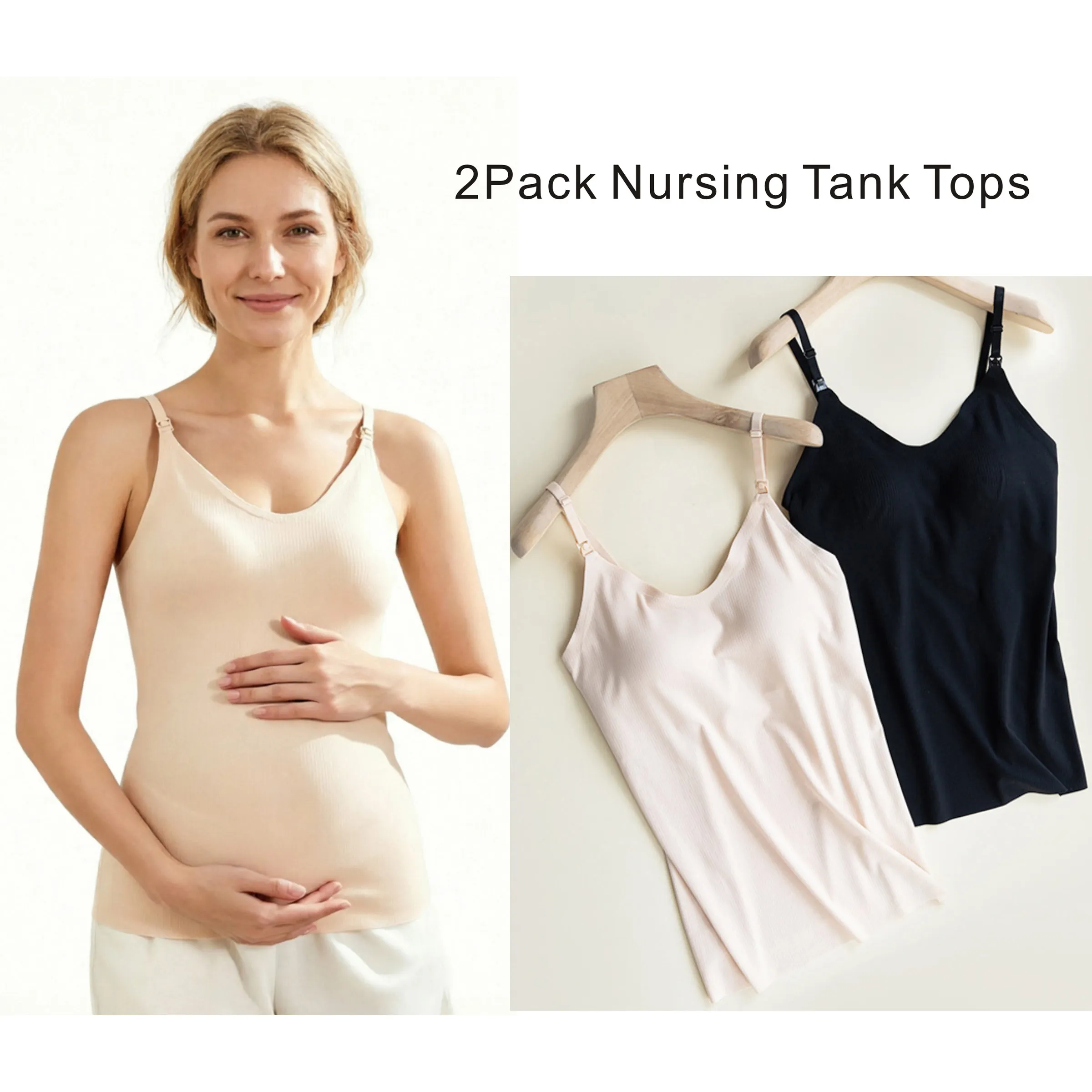 2 Pack Maternity Nursing Tank Tops, Built-in Bra, Removable Pads, Adjustable Straps, Breastfeeding Camisoles Pregnancy