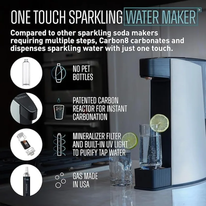 Carbon8 Sparkling Water Maker Machine - Home Soda Stream Machine, Screw-In CO2 Carbonator, Countertop Water Mineralizer