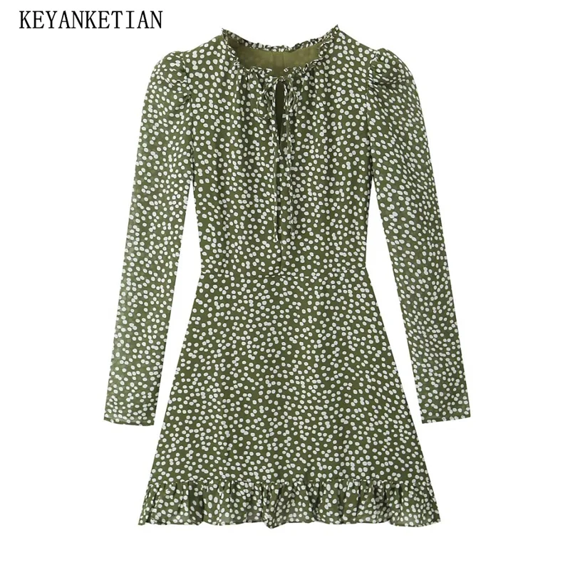 

KEYANKETIAN 2024 New Women Polka Dot Print Dress Autumn French Style Tiered Ruffles Lace Up O-Neck Long Sleeve Slim Mini dress