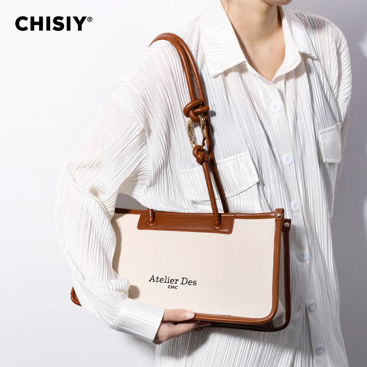 CHISIY Original Handmade Brown Corduroy Letter Detail Bag With Splice Design And Asymmetric Buckle Decoration, Large Capacity Sh