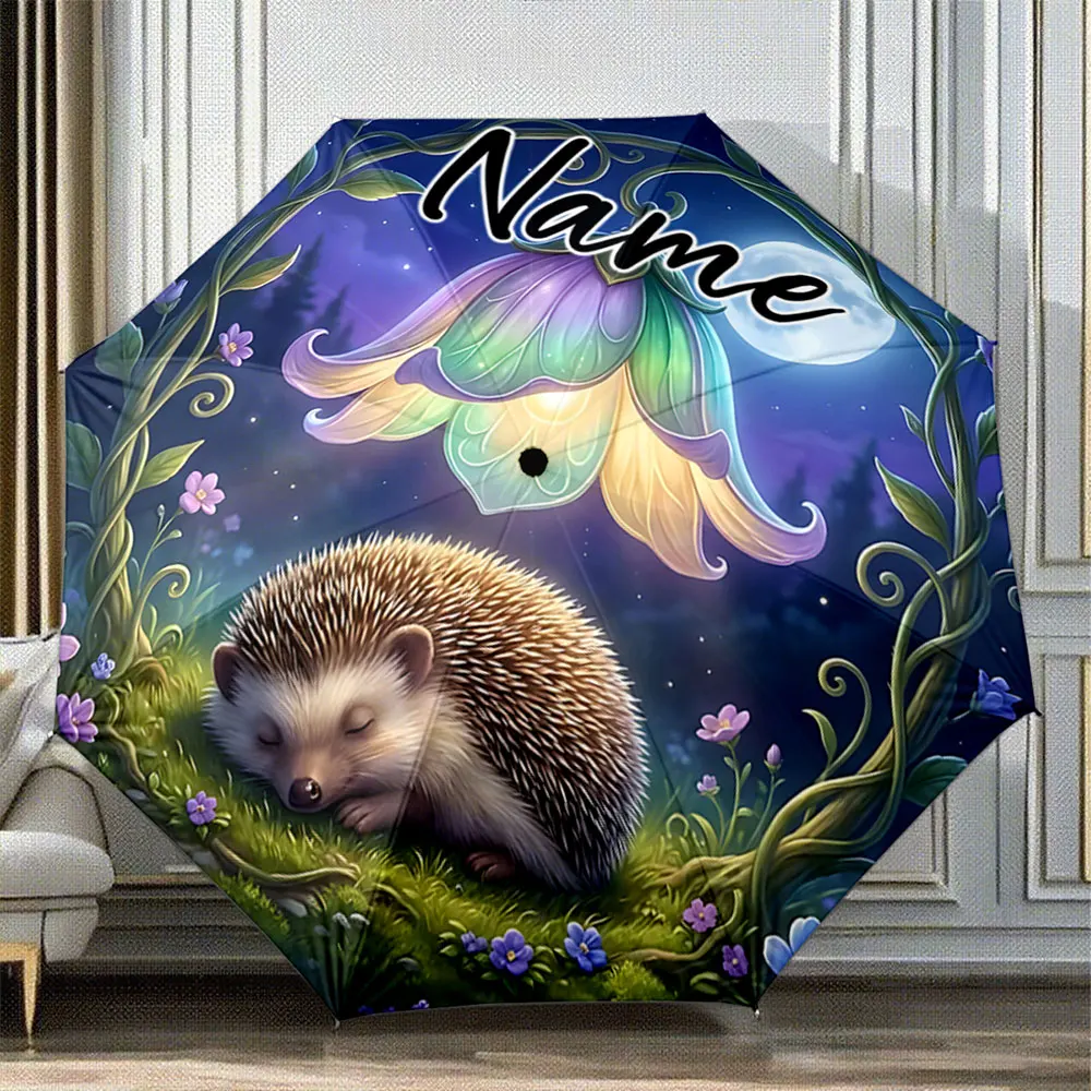 Custom Name Umbrella Curled Hedgehog Moonlit Night Wildflowers 8 Iron Ribs Folding Umbrella Auto-Open Fashion Sunshade
