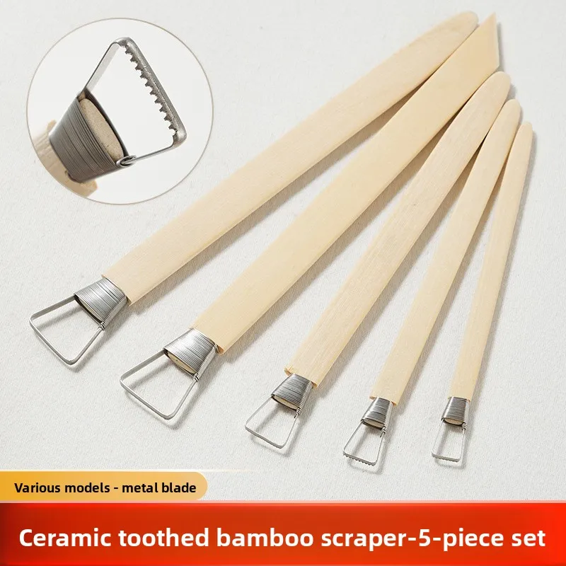 5 Pcs Set Toothed Bamboo Scraper Fine Mud Carving Scraper Sculpture Tool Trimming Knife Carving Bamboo Tool Clay Knife