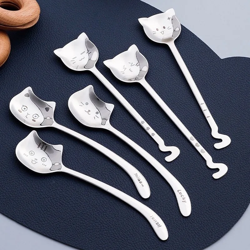 Funny Cat Spoons Cute Cartoon Meow Teaspoons For Coffee Dessert Cake Long Tail Spoon Birthday Gift Kitchen Tableware Accessories