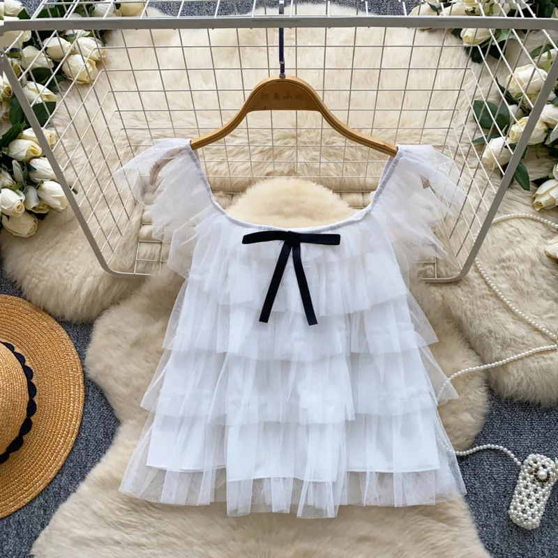 HKSH Women Shirt Ins Korean Style Sweet Bow Multi-layer Mesh Patchwork Elegant Versatile Trendy Casual Blouse Summer New HK24492