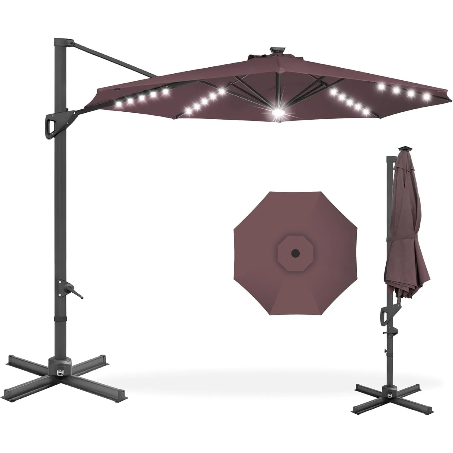 

Best Choice Products 10ft Solar LED Cantilever Patio Umbrella 360-Degree Rotation Hanging Offset Market Sun Shade Deep Taupe