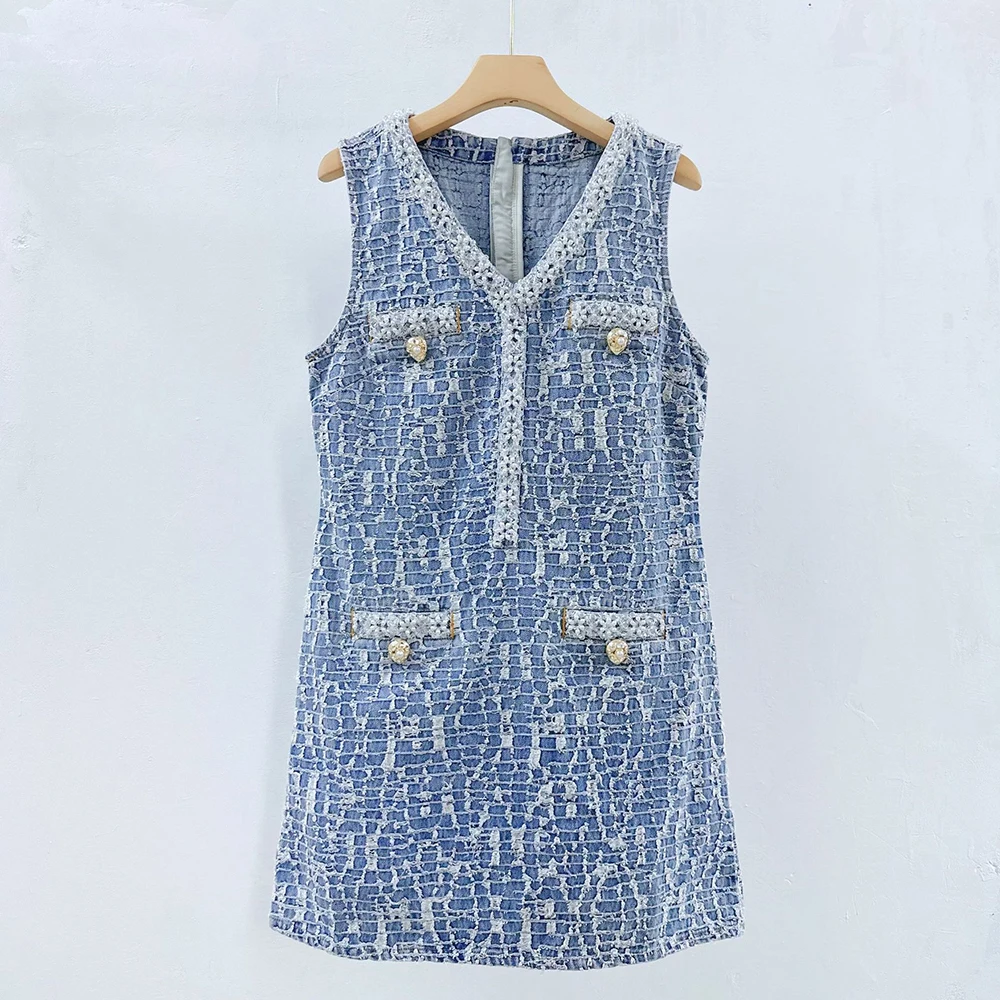 Women 100% Cotton Tweed Mini Dress V‑Neck Sleeveless Vest Dress Contrast Trim Rhinestone Buttons Elegant Ladies Dresses