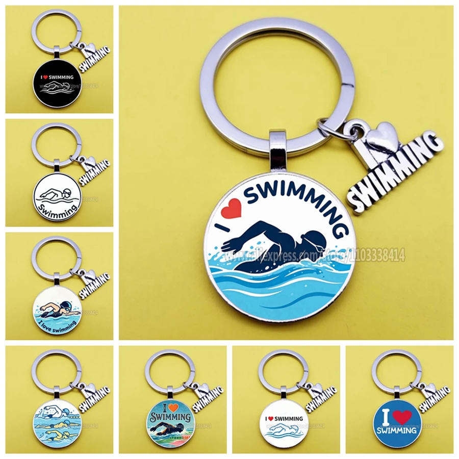 I Love Swimming Keychains Swimming Enthusiasts Men's And Women's Glass Dome Keyring  I Love swimming Gift Club Wholesale