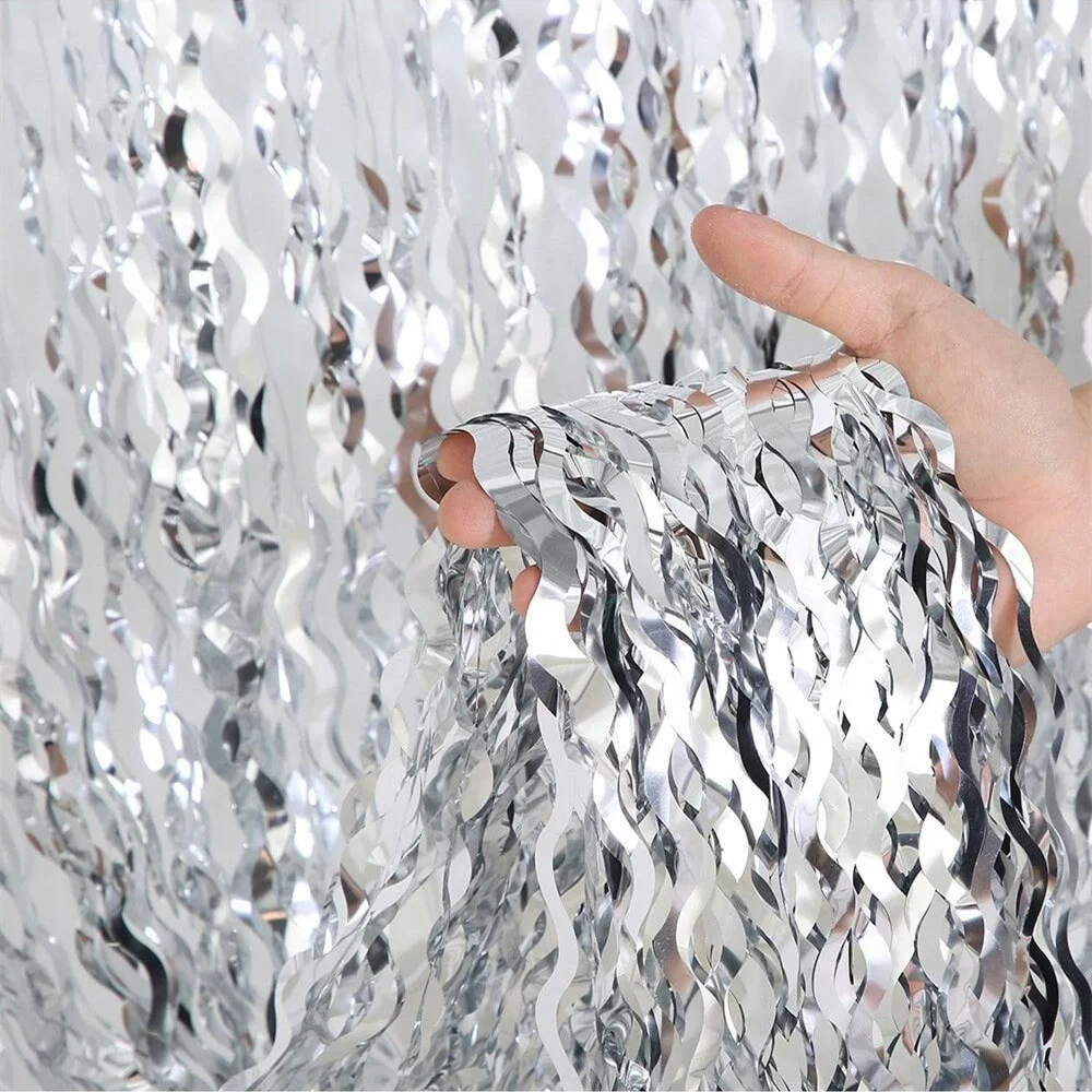 3.2*6.6 ft Wavy Tinsel Foil Fringe Curtain Photo Booth Props for Mermaid Birthday Under The Sea Party Decorations
