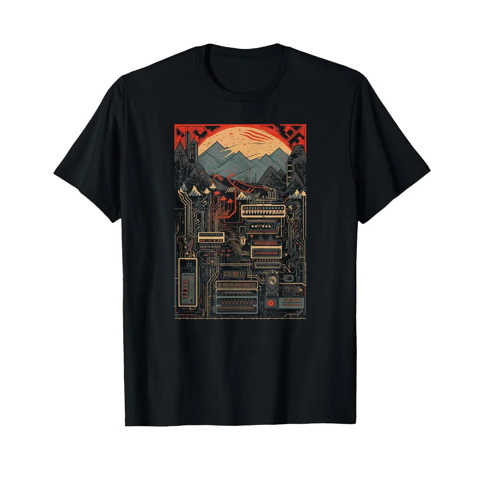 Analog Vintage Modular Synthesizer Japanese Print Inspired T Shirt vintage Washed Casual Breathable Top For Everyday Wear