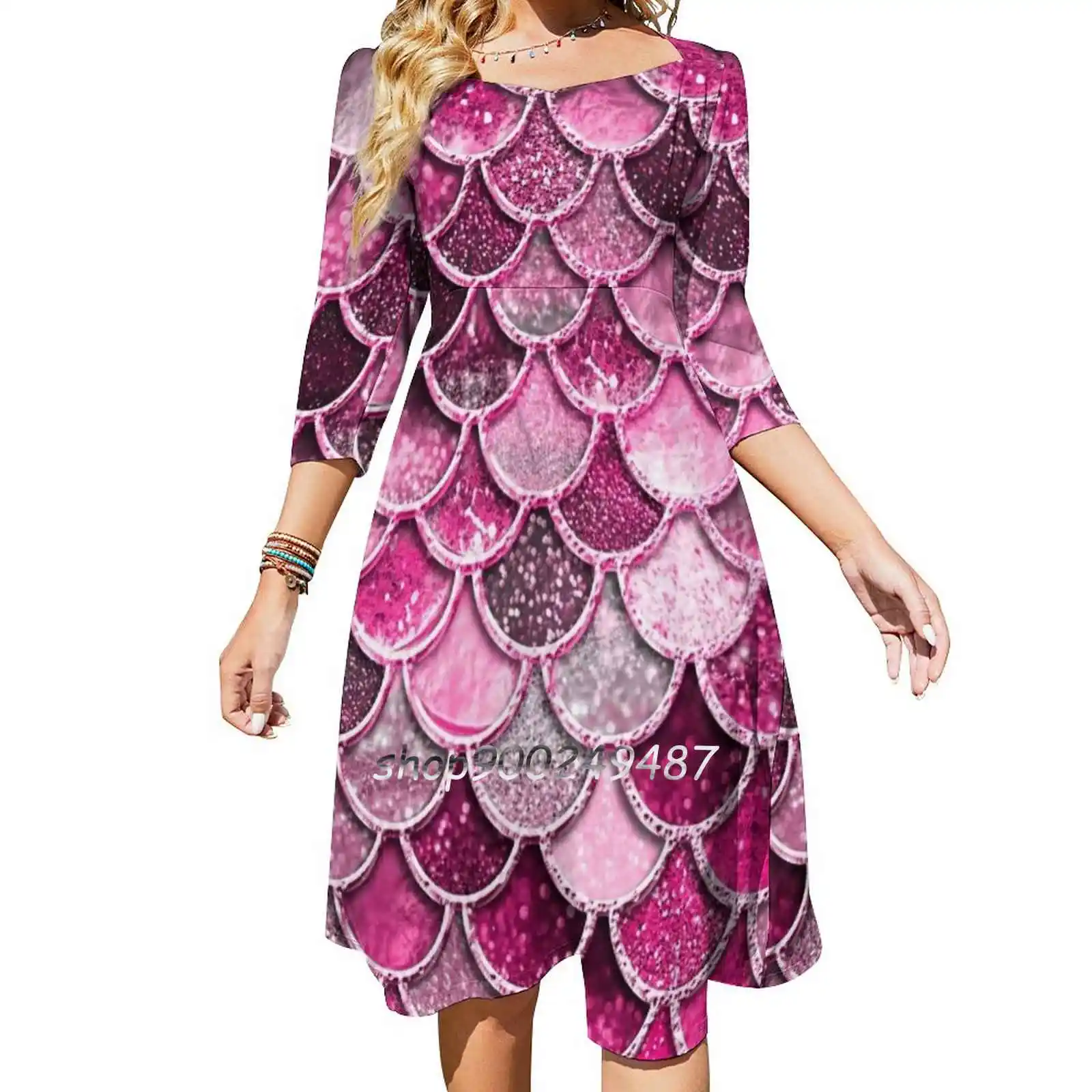 Pink Purple Magenta Sparkle Faux Glitter Mermaid Scales Square Neck Dress Cute Loose Print Dresses Elegant Beach Party Dress