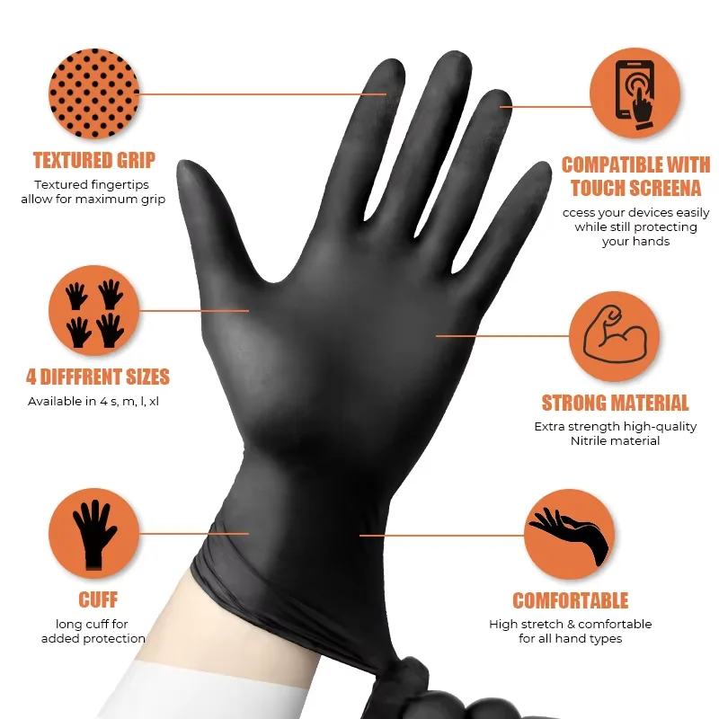50/100PCS Black Nitrile Disposable Gloves Non-Sterile Texture Kitchen Cleaning Gloves Tattoo Esthetician Hair Dye Nail Gloves