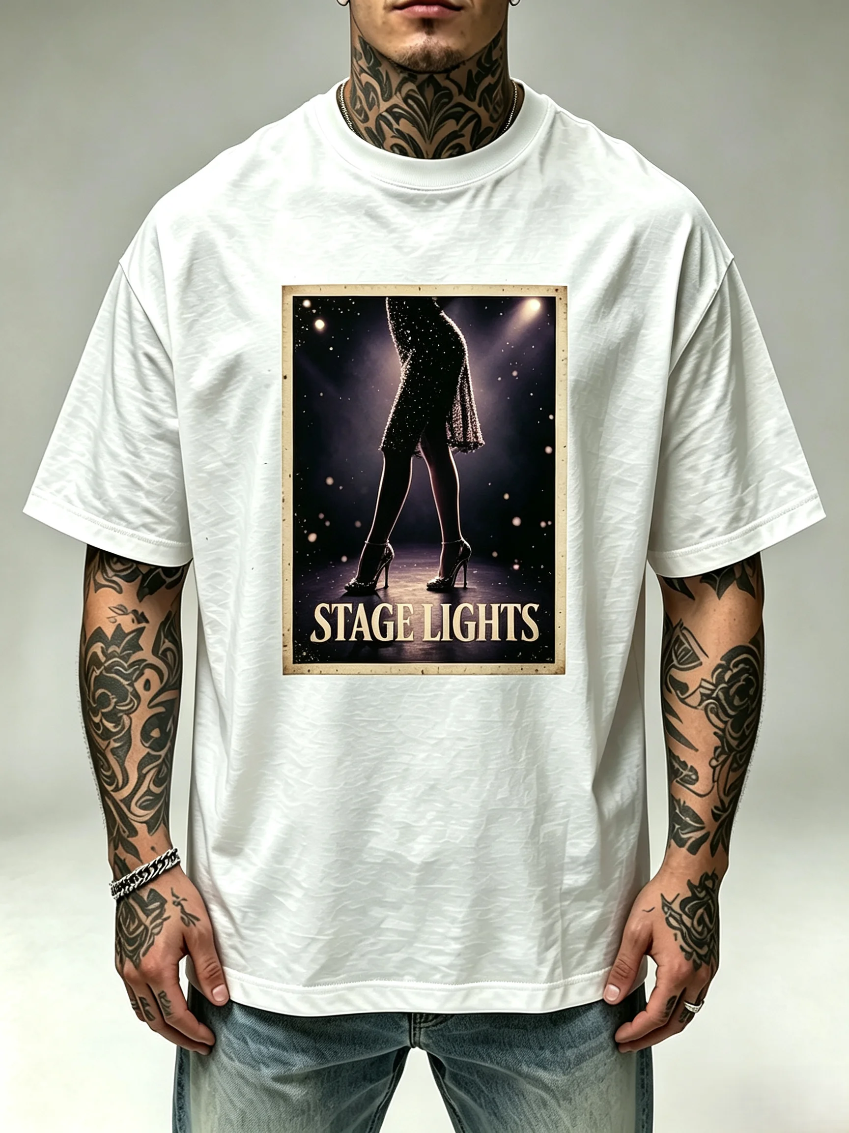 Unisex Stage Lights Dancer Woman Legs Vintage Poster T Shirt Men Women Show Stage High Heels Graphic Oversized Short Sleeve Streetwear Tops