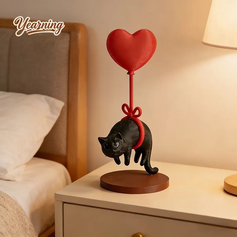 Creative Suspended Black Cat Love Balloon Desktop Ornament 3D Printed Healing Home Decor Valentine