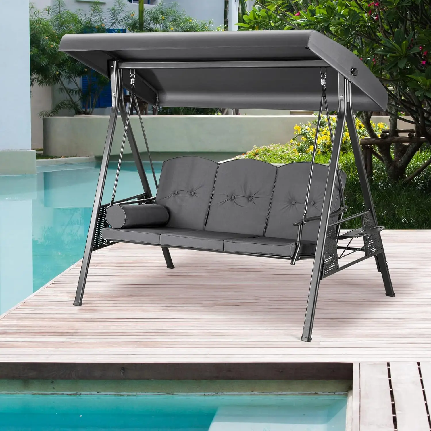 Outdoor Patio Swing Chair with Weather Resistant Steel Frame, Adjustable Canopy?Removable Cushion and Pillow for Backyar