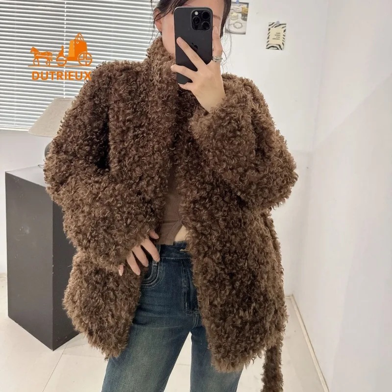 

2025 New Winter Fur Mid-length Coat for Women, 100% Wool Lamb Fur Loose Coat, Casual Commuting Travel Warm Fur Jacket for Women