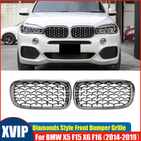 XVIP Dual Slat Diamonds Front Bumper Grille Chrome Silver Front Kidney Grille For BMW X5 F15 X6 F16 14-19 Twin Slat Fins Grille