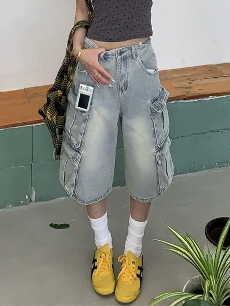 

American Retro Washed Cargo Jeans Women Y2K Summer High Waist Oversized Pockets Calf Length Pants Harajuku Loose Wide Leg Shorts