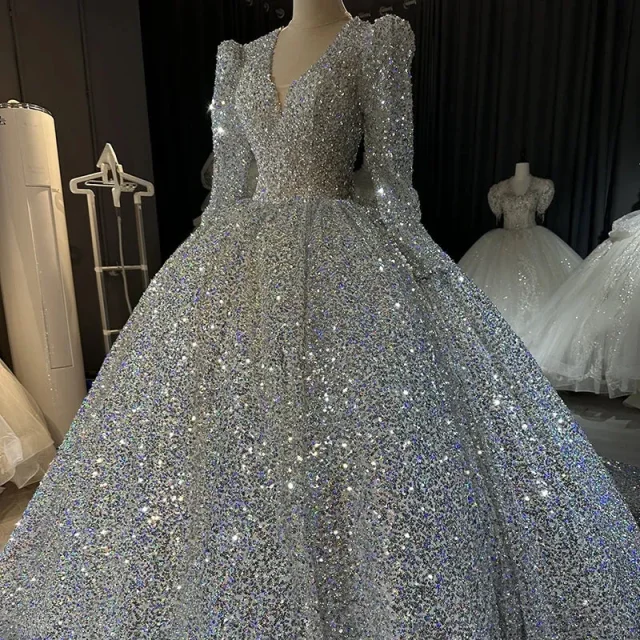 Gorgeous Glitter Sequin Ball Gown Wedding Dress Long Puff Sleeves Cathedral Train Bridal Dress Vestido De Novia Customized