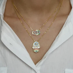 BohoTurkish hamsa hand evil eye Tassel Layered Gold color Necklace rainbow cz Choker Pendant Women Neck Collier