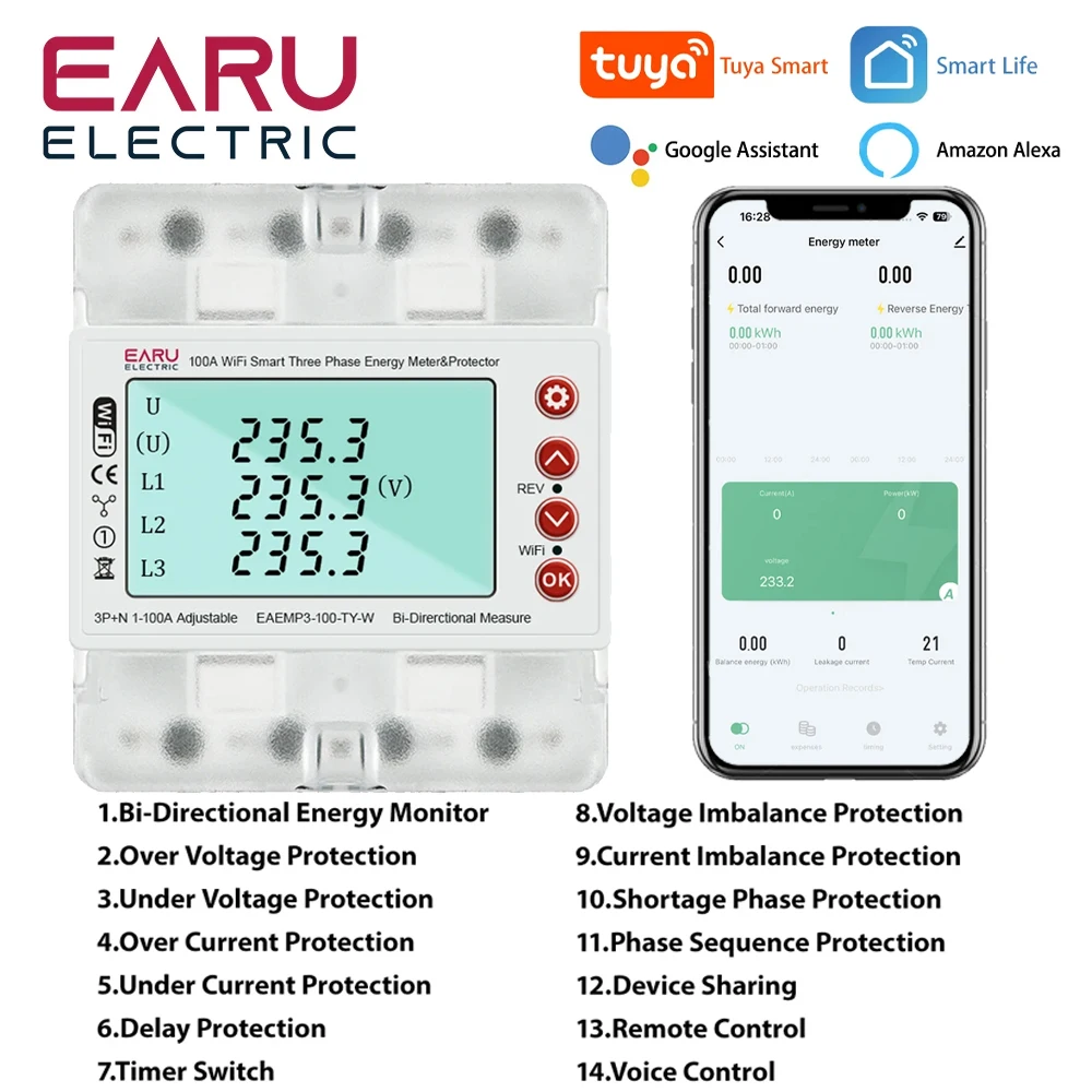 3 Phase 380V 100A Tuya WiFi Smart Bi-Directional Energy Power kWh Meter Over Under Voltage Protector Relay Switch Current Limit