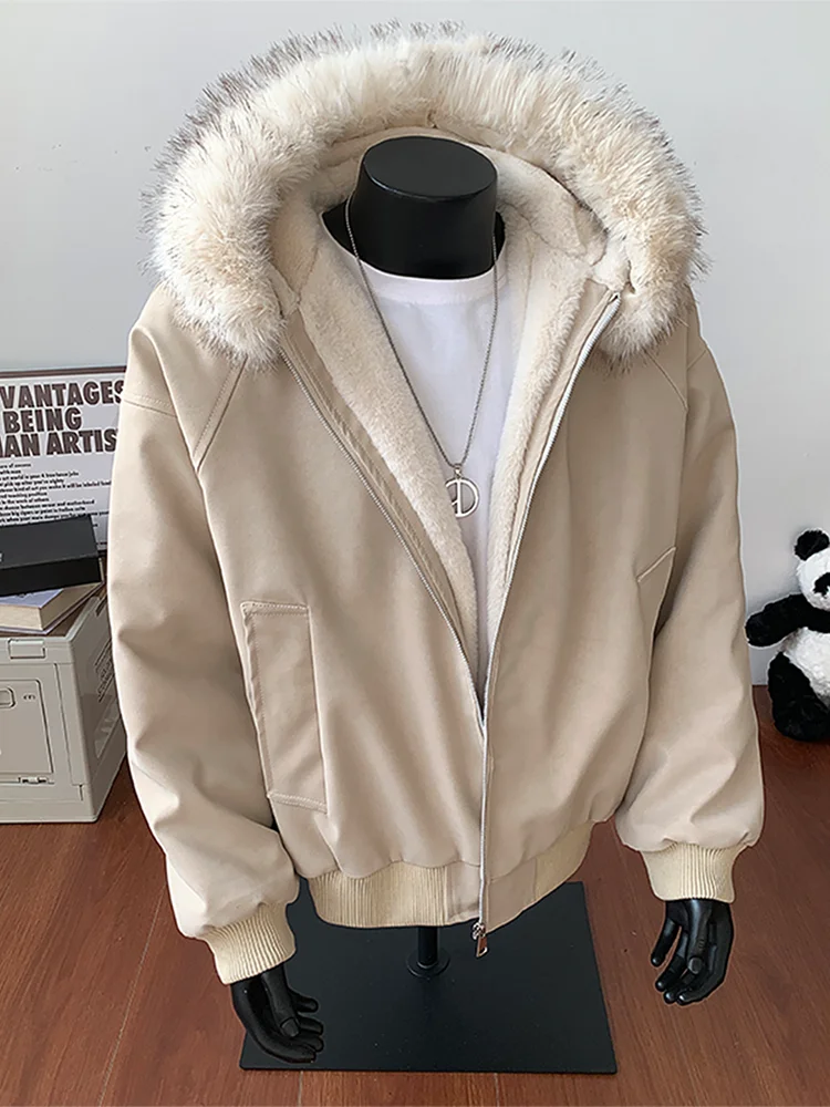 

Thiened PU Leather Rabbit Fur Cotton Jaet with Large Collar for Men And Women Winter Warm Zipper Closure Casual Coat