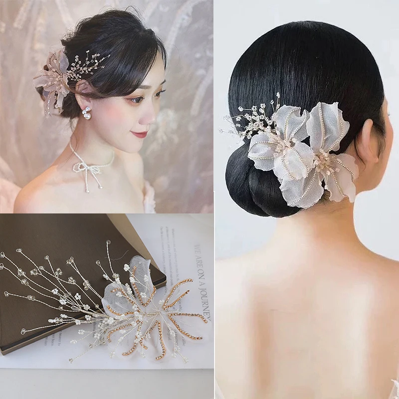 Handmade Beautiful Silk Yarn Flower Dreamy Side Headband Hairpins Wedding Hair Accessories for Bride