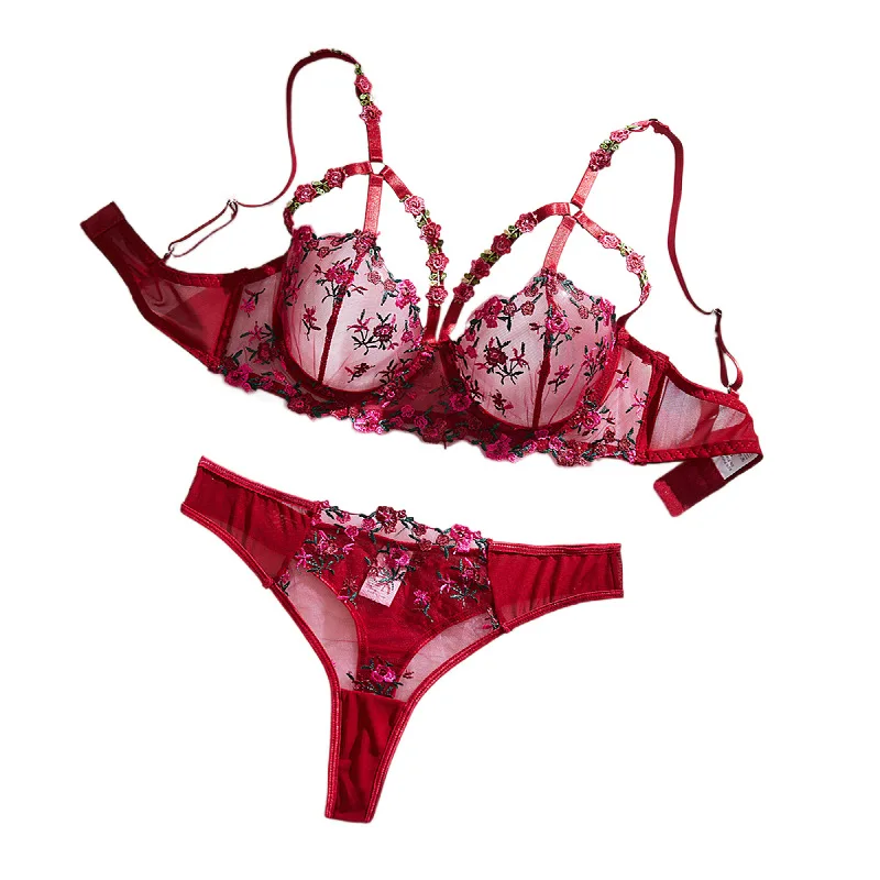 

European and American erotic lingerie mesh floral embroidery pure desire see-through briefs push-up bra set