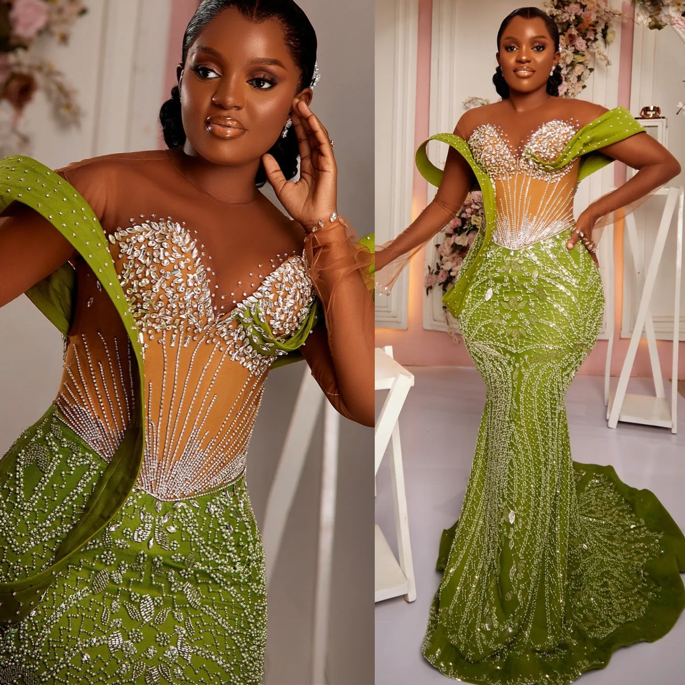 

2024 Plus Size Mermaid Green Prom Dresses Crystals Sequined Evening Formal Party Second Engagement Birthday Gowns Dress ZJ17