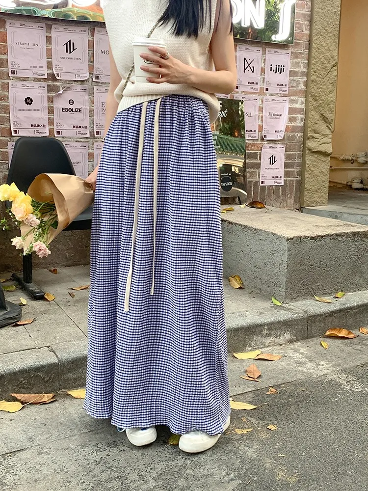 

Синяя клетчатая юбка миди для женщин, модная повседневная юбка А-силуэта с завышенной талией, с декоративной завязкой, из полиэстера, облегающая, для повседневной носки