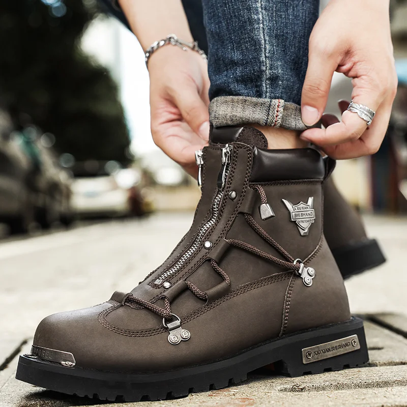 High Quality Men's Knight Boots Men Snow Boots Metal Rivets Low Heel Trend Punk Rock Leather Winter Cotton Shoes Motorcycle Boot