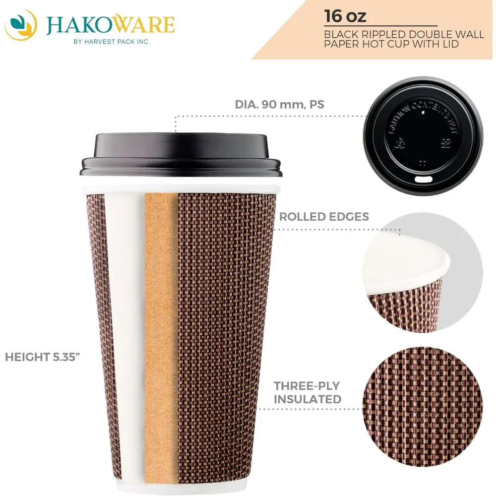 [340 SET]Harvest Pack 16 oz Disposable Coffee Cups, Insulated Ripple Double-Walled Paper Cup with Lid, Geometric, Tea Hot