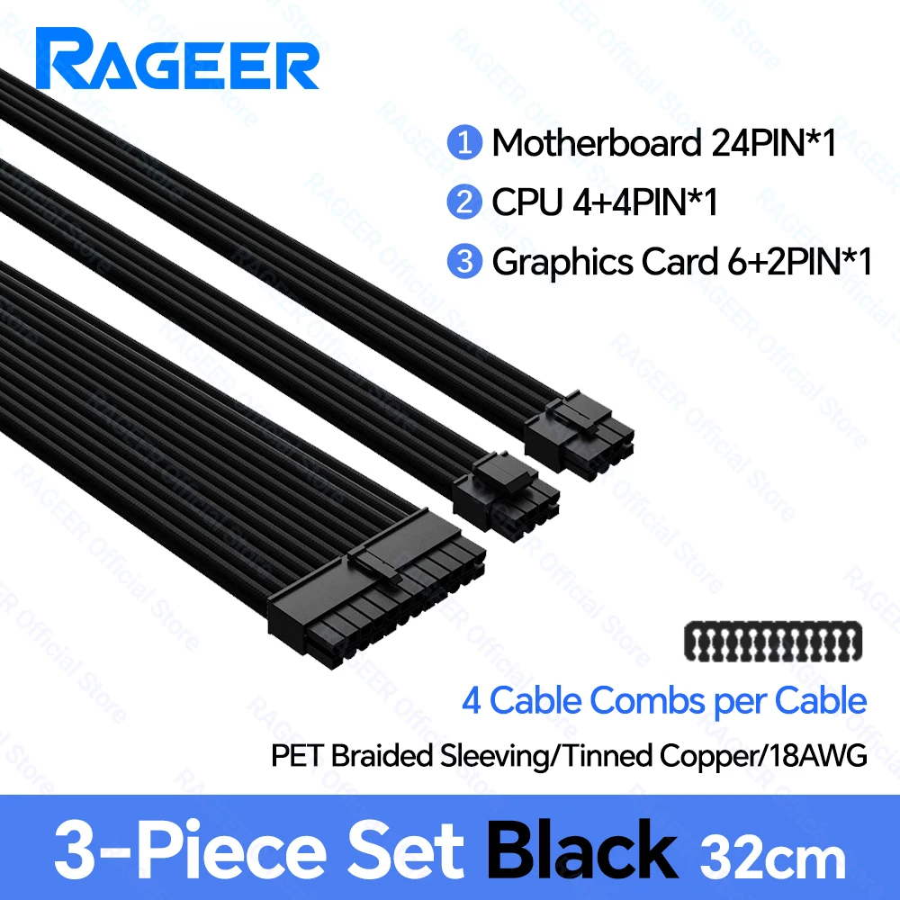 RAGEER PSU-verlengkabelset, moederbordkabel, stevige ATX 24-pins, GPU PCIe 6+2-pins, 8-pins, CPU EPS 4+4-pins, 18AWG stroomkabel met klemmen.