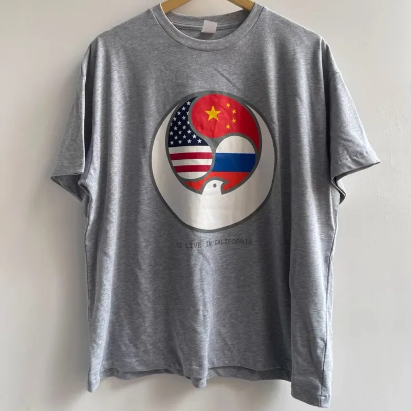 Breathable Cotton Summer Tops Kanye Bully Tshirts Splicing Flag Print Round Neck Short Sleeve Oversized Outfit Men Women Tees