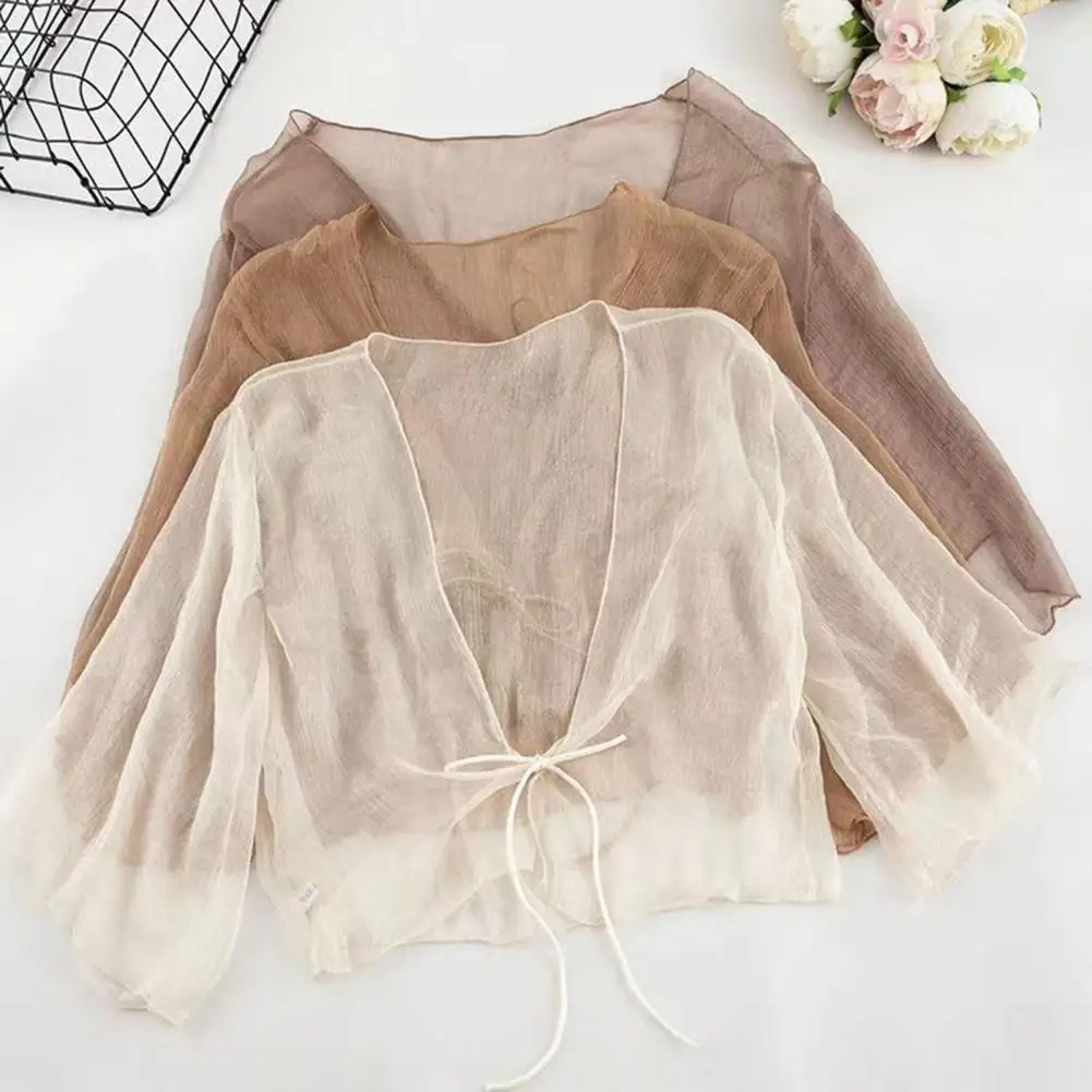 

Women Sheer Chiffon Cardigan with Front-tie Transparent Top Retro Style Shawl Short Vacation Beach Daily Wear Sunscreen Clothing