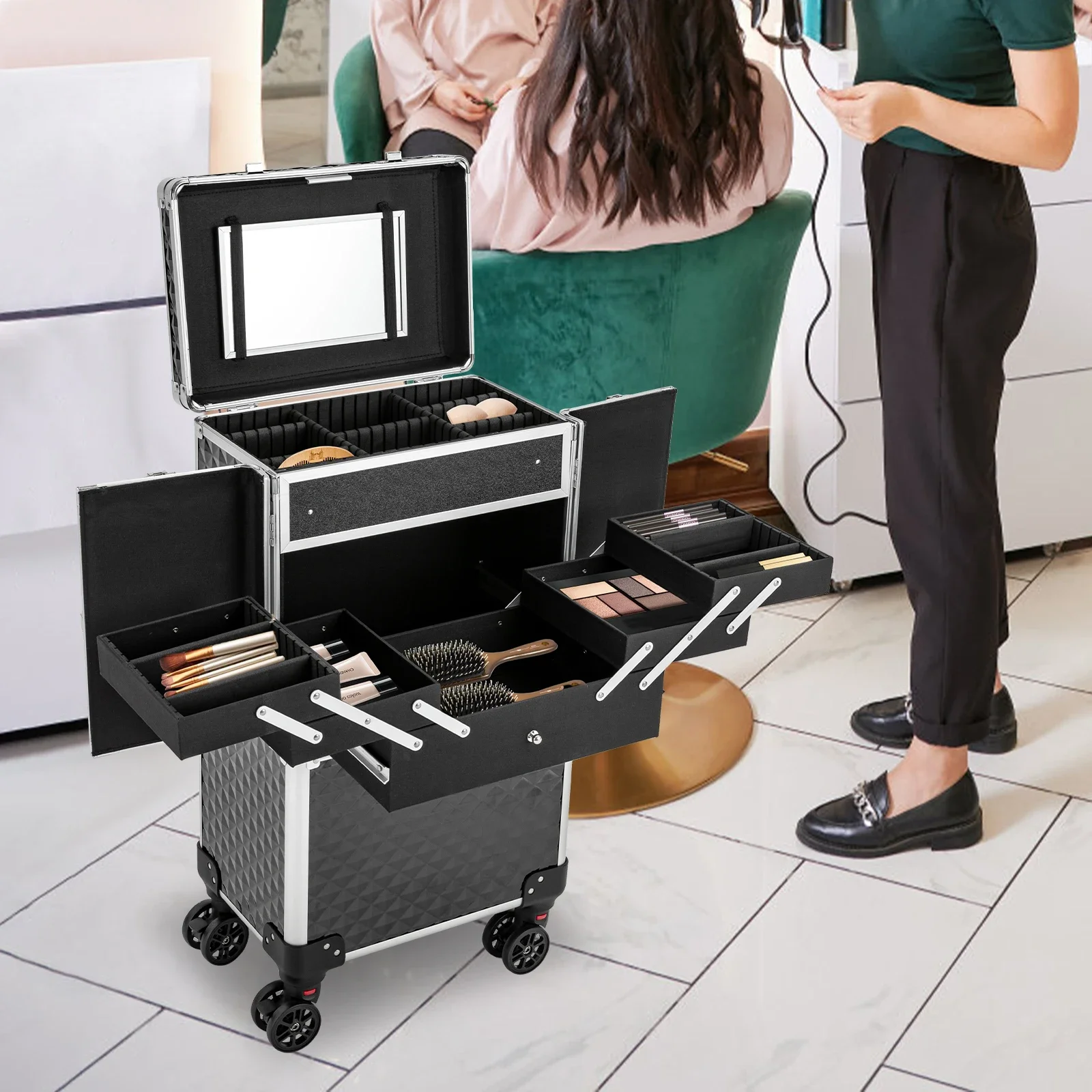 

Rolling Makeup Case for Hairstylists – Secure, Spacious, and Easy to Transport and Clean
