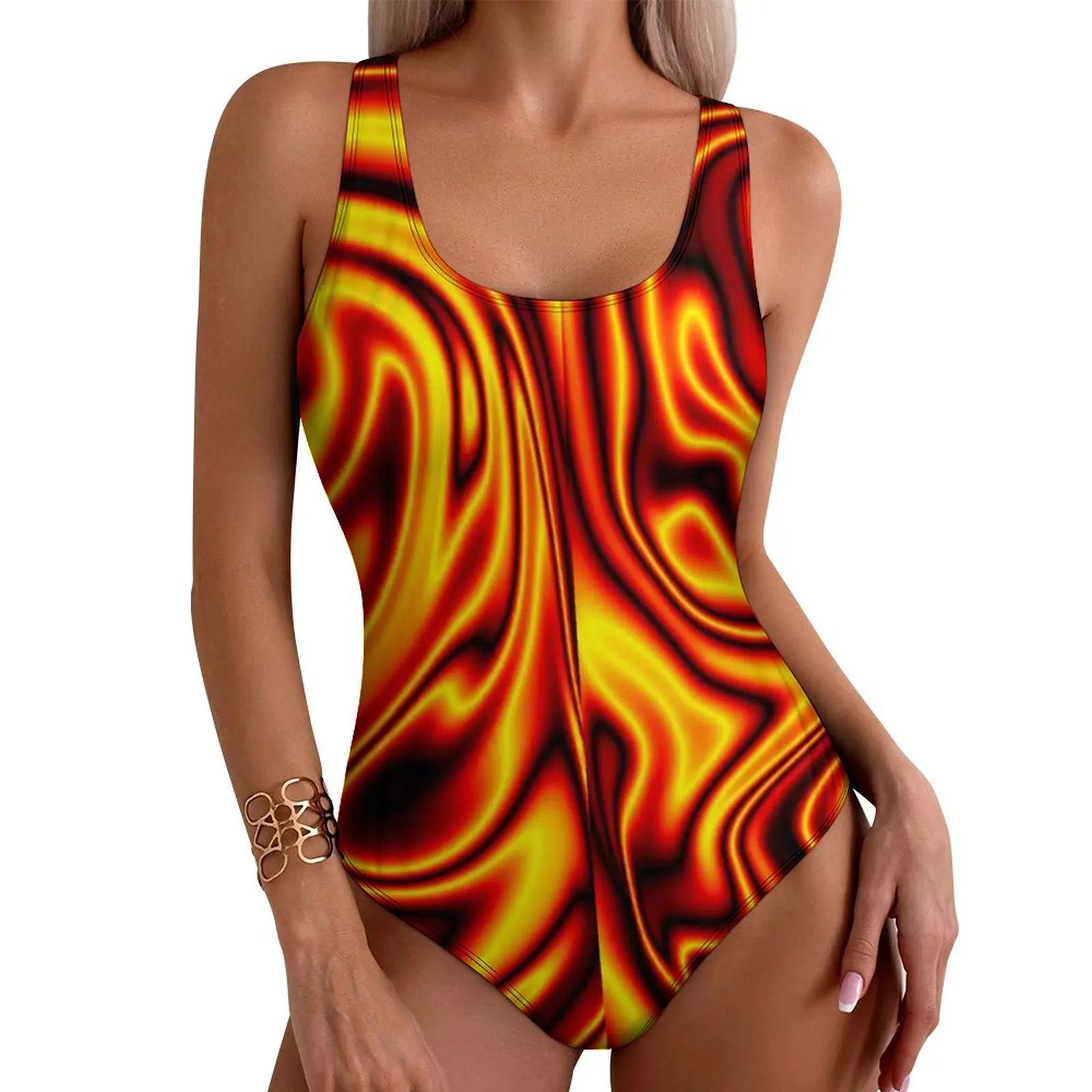 Thin Black Line Swimsuit Sexy Fireball Print One-Piece Swimwear Push Up Swimsuits Modern Holiday Swim Beach Outfits