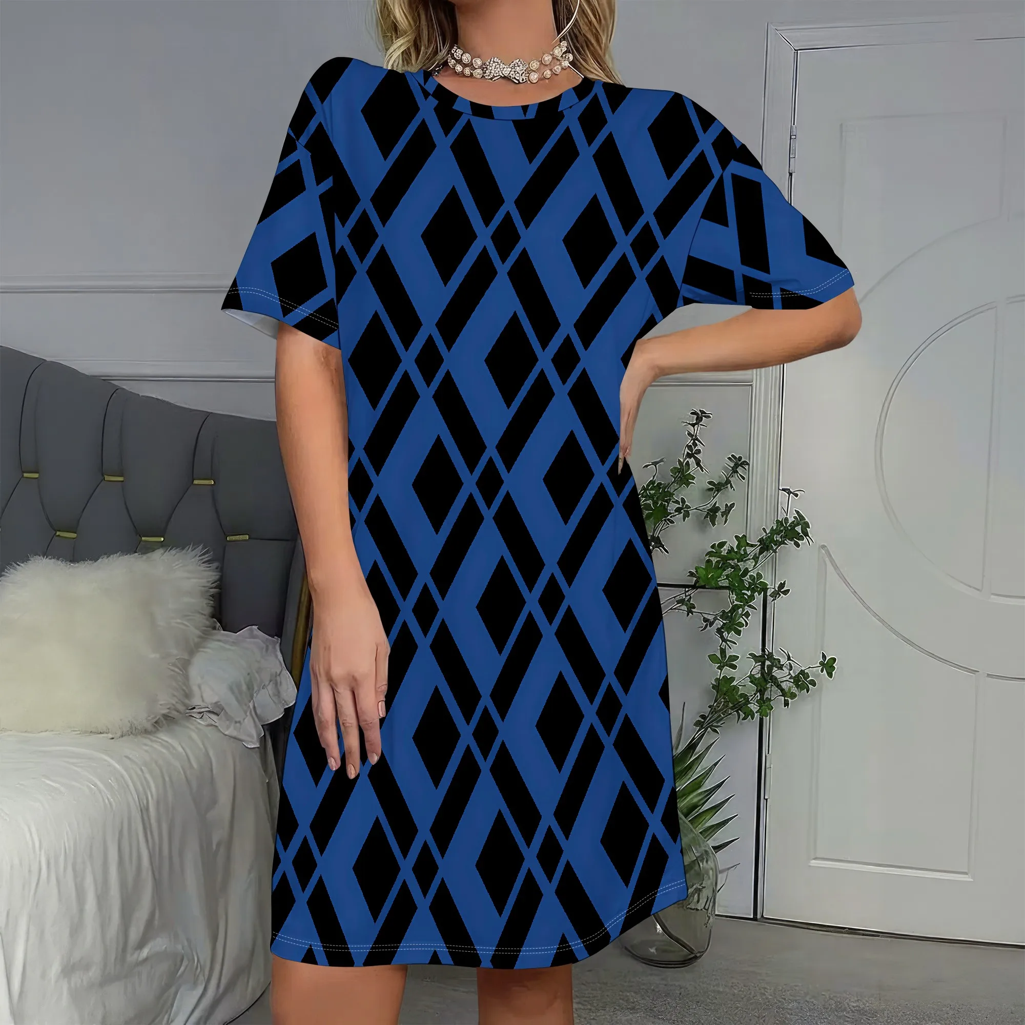 

Bold Argyle, Blue Black Diamond Dress, Graphic Tee Dress, Casual A-Line Shift, Weekend Party Wear, S-2XL