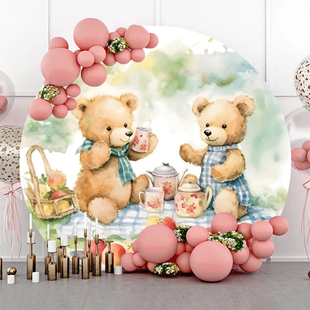 Teddy Bear Picnic Backdrop Round Cover First Birthday Party Decorations for Girls Watercolor Circle Photo Background Photography