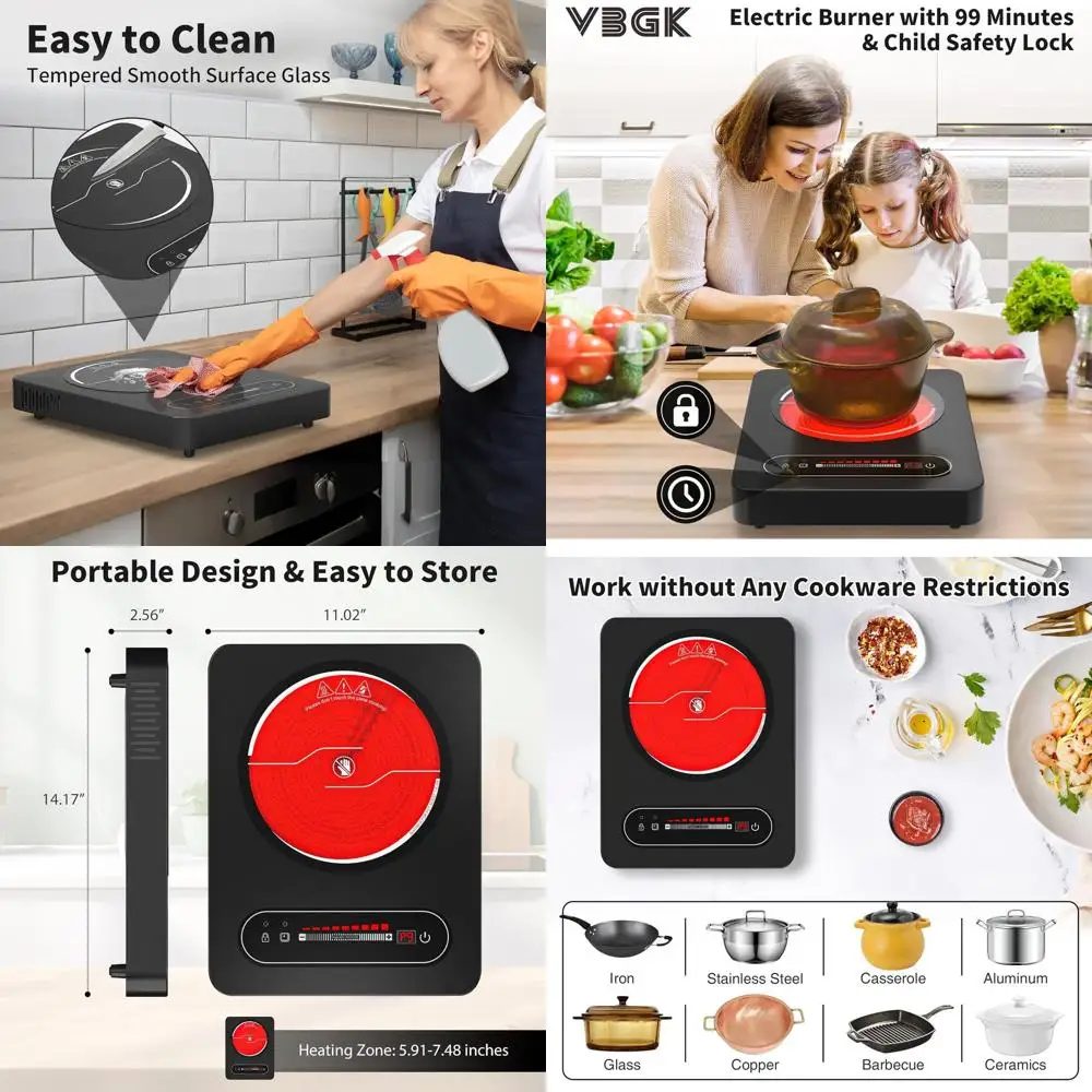 

110V 1800W LED Touch Electric Cooktop, 10 Power Levels, Timer, Safety Lock, Overheat Protection