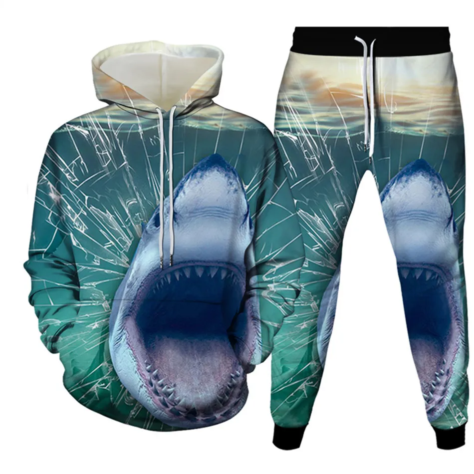 Men Fashion Tracksuit Sets Shark Dolphin Fish Creative Animal 3D Print Clothes Hoodie+Trousers Women Casual Sportwear Size S-6X