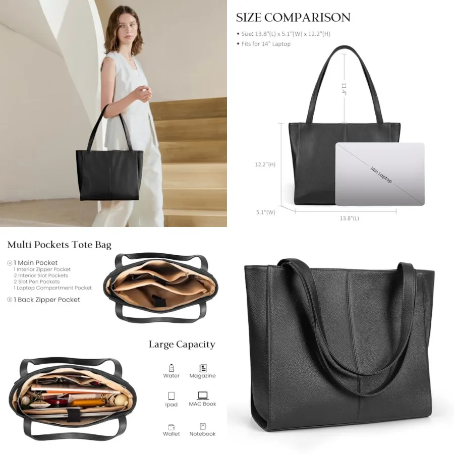

befen Genuine Leather Zipper Tote Bag for Women Work with Laptop Compartment, Women's Leather Shoulder Purse Satchel Handbags