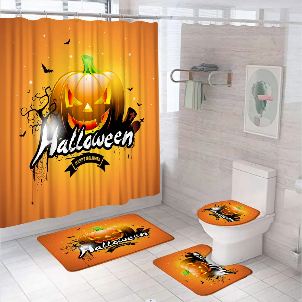 Horror Pumpkin Black Cat Bathroom Set with Shower Curtain Toilet Cover Rug Accessories Halloween Cartoon Bath Curtain Home Decor