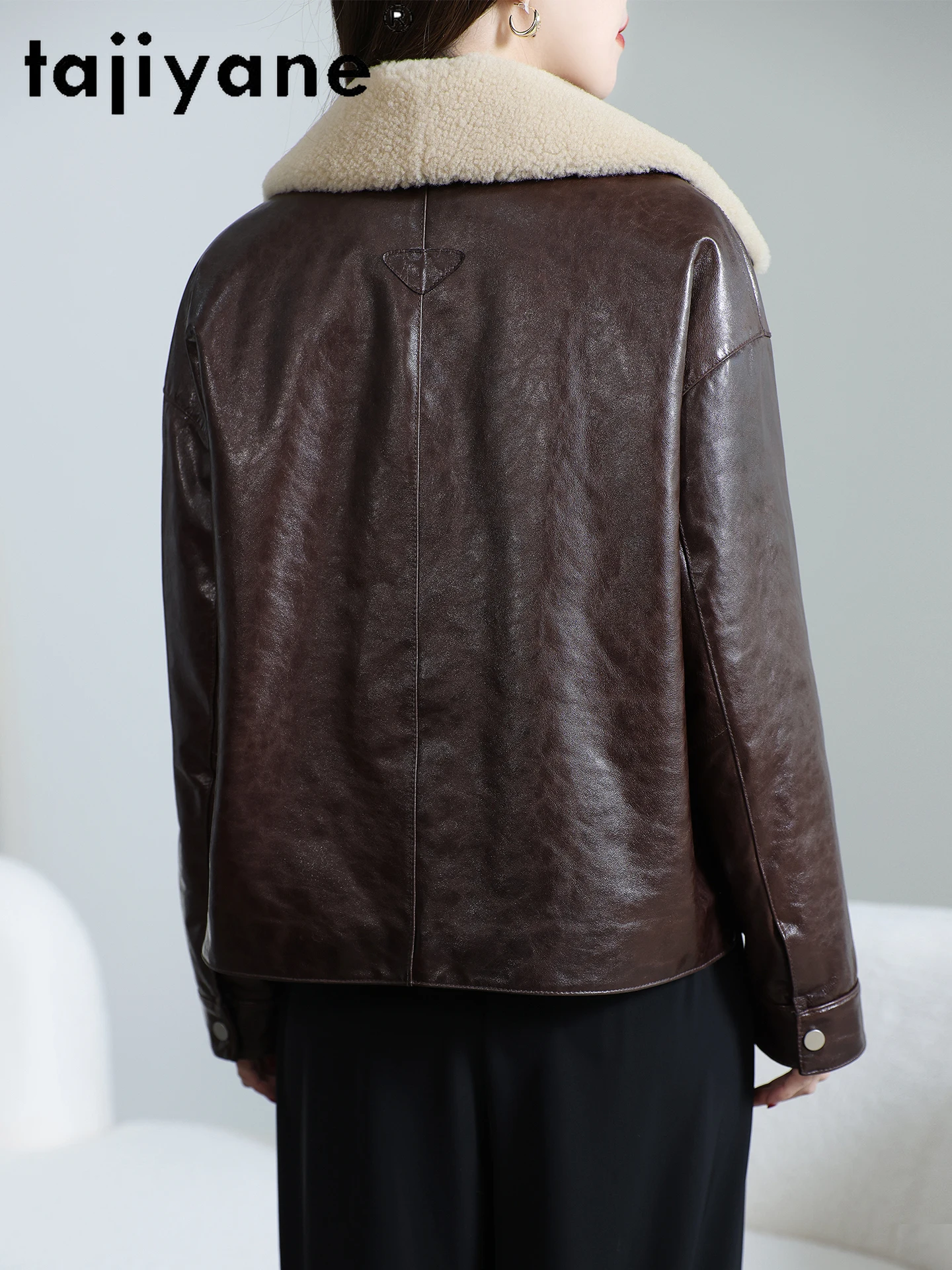 TAJIYANE Płaszcz z prawdziwej skóry owczej z puchem gęsim, damska krótka kurtka puchowa ze skóry naturalnej z wełnianym kołnierzem, odzież zimowa 2025